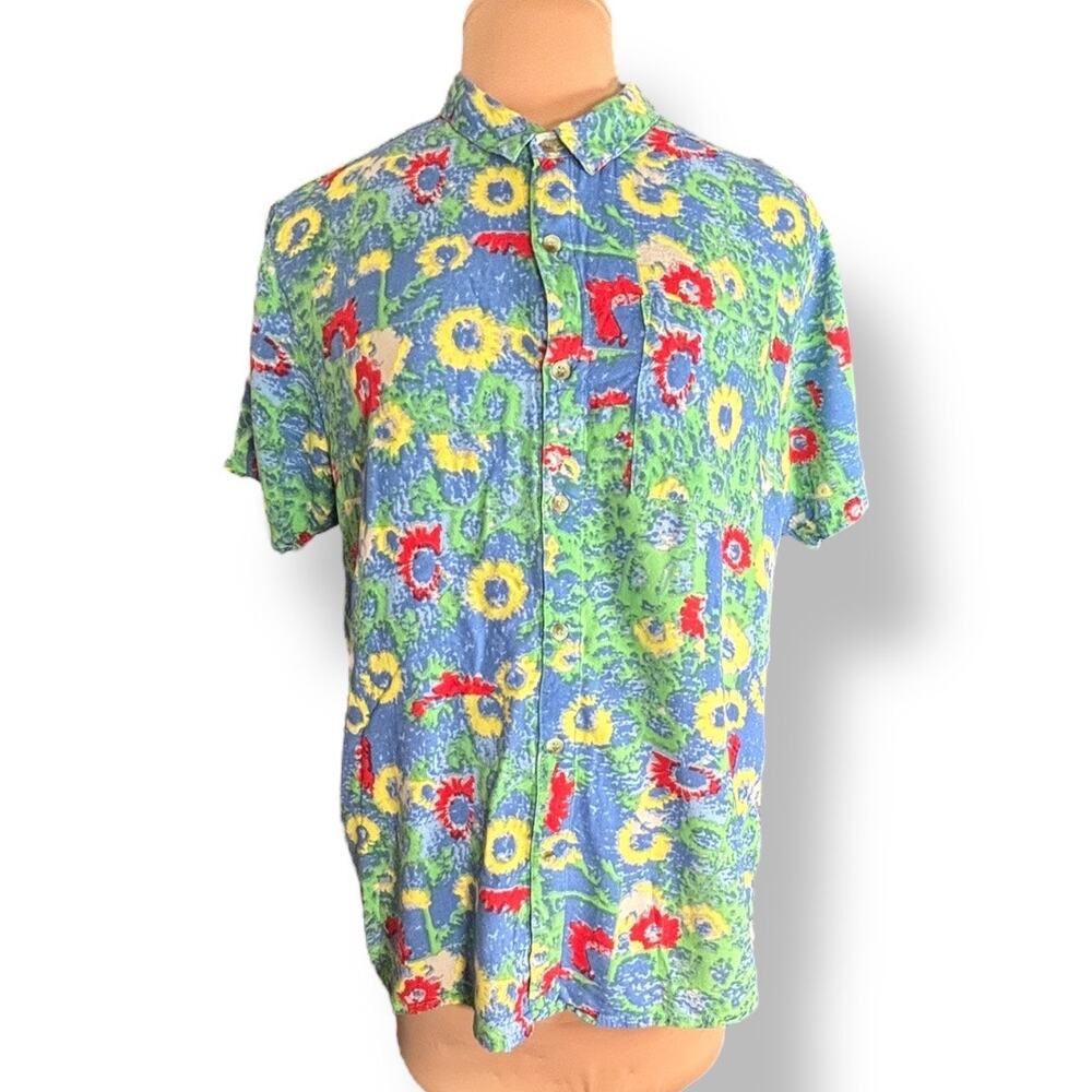 Rolla’s Abstract Sunflower Print Shirt Blue Green Yellow‎ Floral Short Sleeve